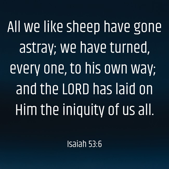 All we like sheep have gone astray; we have turned, every one, to his own way; and the LORD has laid on Him the iniquity of us all. - Isaiah 53:6