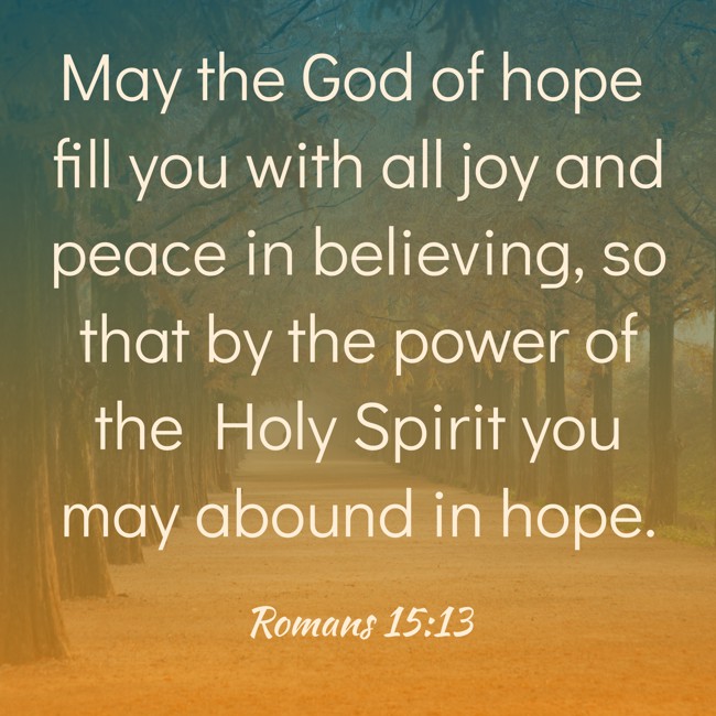 May the God of hope fill you with all joy and peace in believing, so that by the power of the Holy Spirit you may abound in hope. - Romans 15:13