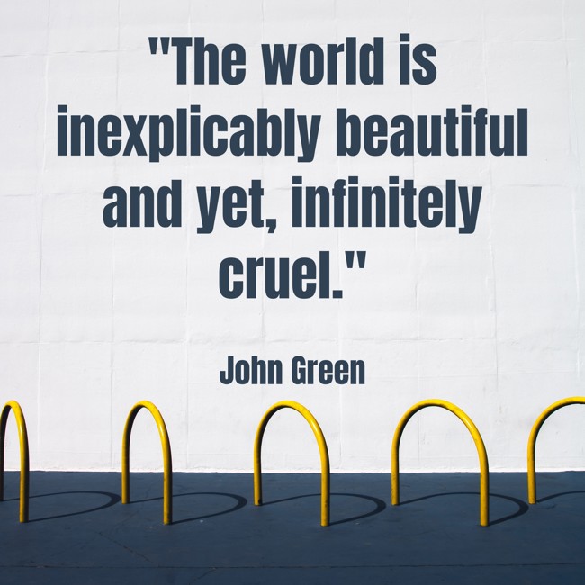 The world is inexplicably beautiful and yet, infinitely cruel. - John Green