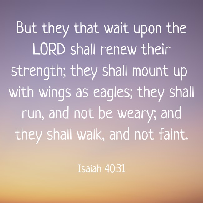 But they that wait upon the LORD shall renew their strength; they shall mount up with wings as eagles; they shall run, and not be weary; and they shall walk, and not faint. - Isaiah 40:31