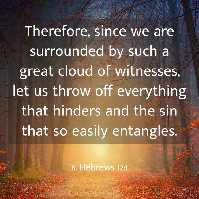 Therefore, since we are surrounded by such a great cloud of witnesses, let us throw off everything that hinders and the sin that so easily entangles. - 8. Hebrews 12:1