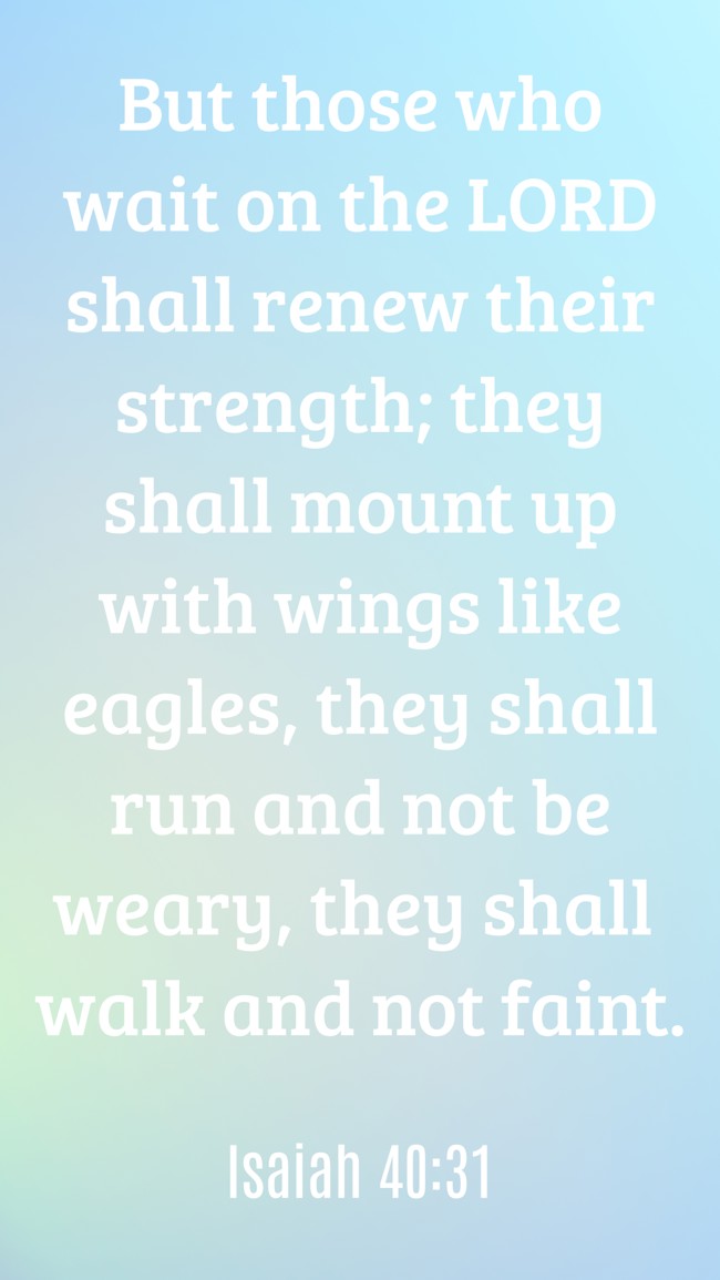 But those who wait on the LORD shall renew their strength; they shall mount up with wings like eagles, they shall run and not be weary, they shall walk and not faint. - Isaiah 40:31