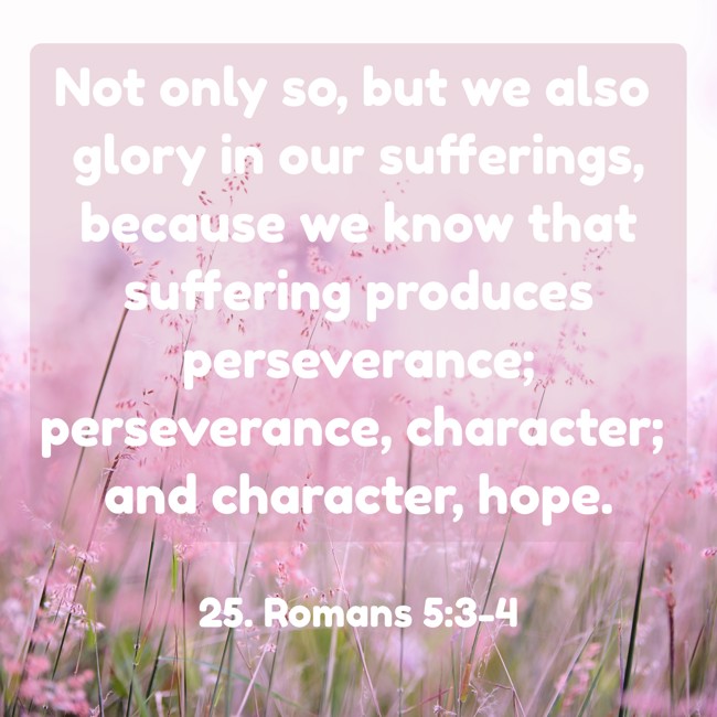 Not only so, but we also glory in our sufferings, because we know that suffering produces perseverance; perseverance, character; and character, hope. - 25. Romans 5:3-4