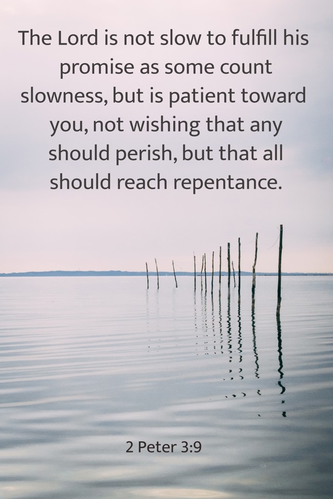 The Lord is not slow to fulfill his promise as some count slowness, but is patient toward you, not wishing that any should perish, but that all should reach repentance. - 2 Peter 3:9