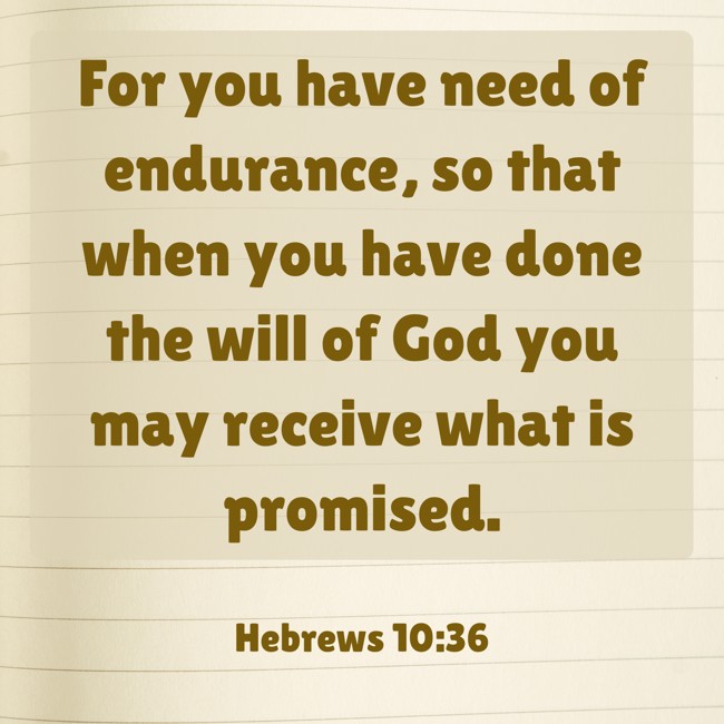 For you have need of endurance, so that when you have done the will of God you may receive what is promised. - Hebrews 10:36