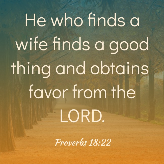 He who finds a wife finds a good thing and obtains favor from the LORD. - Proverbs 18:22