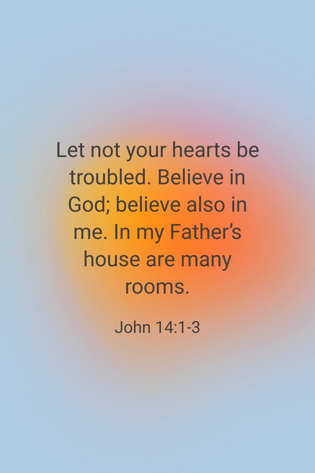 Let not your hearts be troubled. Believe in God; believe also in me. In my Father’s house are many rooms. - John 14:1-3