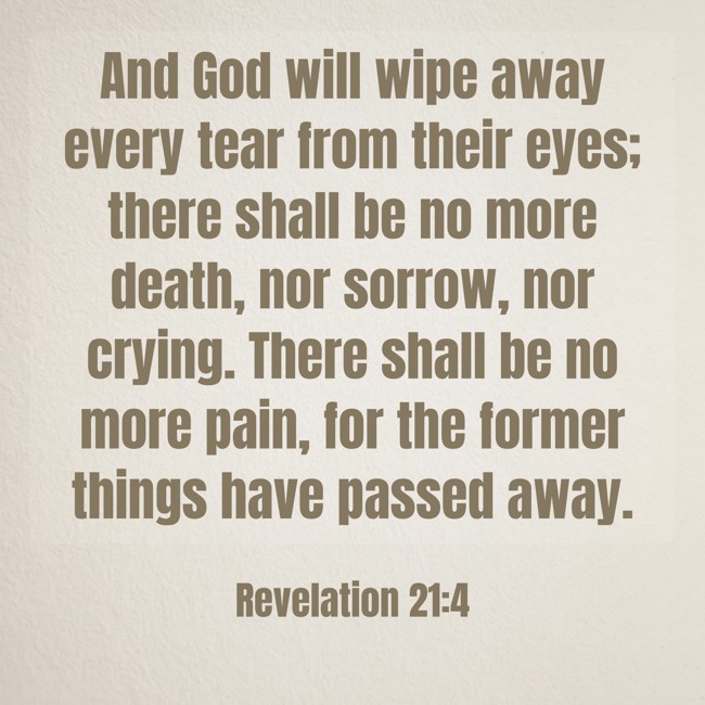 And God will wipe away every tear from their eyes; there shall be no more death, nor sorrow, nor crying. There shall be no more pain, for the former things have passed away. - Revelation 21:4