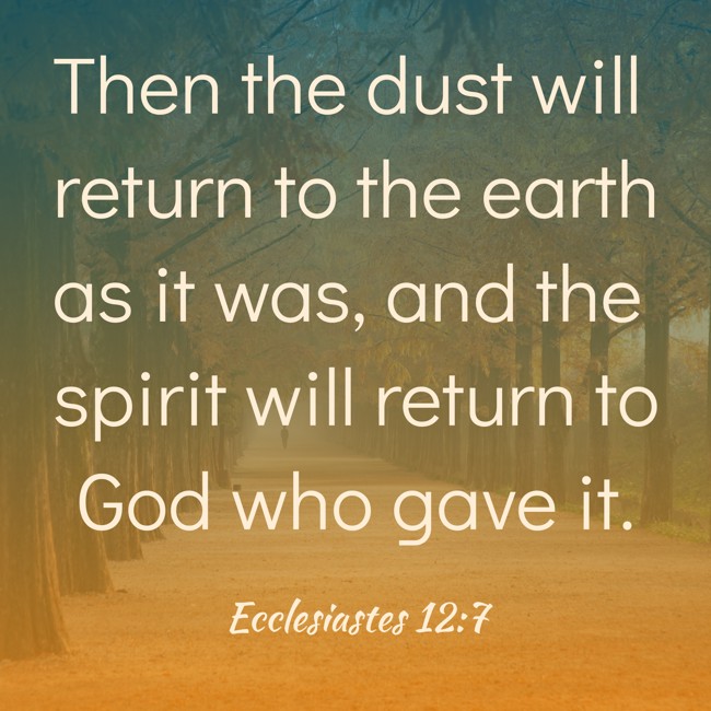 Then the dust will return to the earth as it was, and the spirit will return to God who gave it. - Ecclesiastes 12:7
