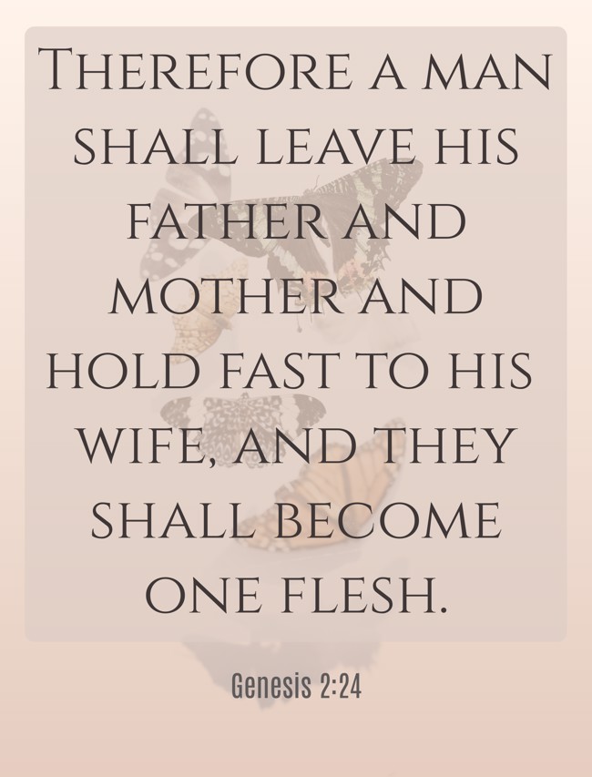 Therefore a man shall leave his father and mother and hold fast to his wife, and they shall become one flesh. - Genesis 2:24