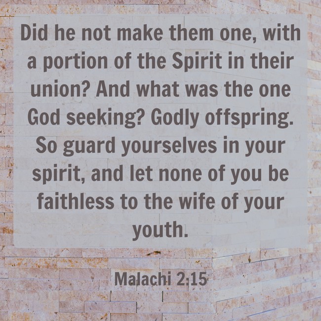 Did he not make them one, with a portion of the Spirit in their union? And what was the one God seeking? Godly offspring. So guard yourselves in your spirit, and let none of you be faithless to the wife of your youth. - Malachi 2:15