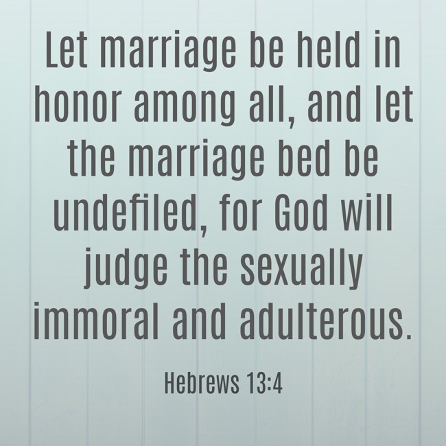 Let marriage be held in honor among all, and let the marriage bed be undefiled, for God will judge the sexually immoral and adulterous. - Hebrews 13:4