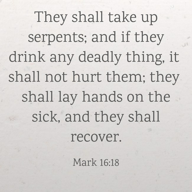They shall take up serpents; and if they drink any deadly thing, it shall not hurt them; they shall lay hands on the sick, and they shall recover. - Mark 16:18