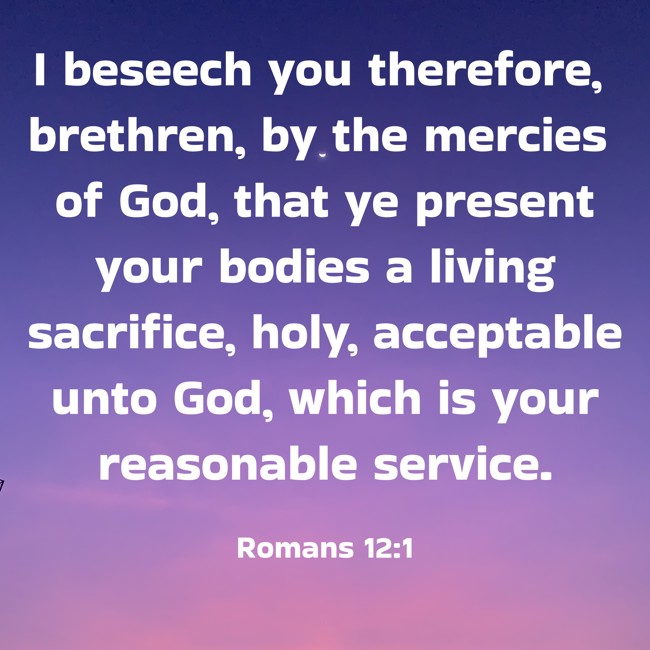 I beseech you therefore, brethren, by the mercies of God, that ye present your bodies a living sacrifice, holy, acceptable unto God, which is your reasonable service. - Romans 12:1