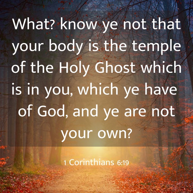 What? know ye not that your body is the temple of the Holy Ghost which is in you, which ye have of God, and ye are not your own? - 1 Corinthians 6:19