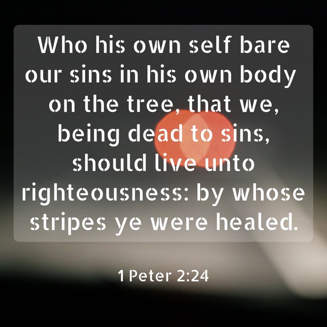 Who his own self bare our sins in his own body on the tree, that we, being dead to sins, should live unto righteousness: by whose stripes ye were healed. - 1 Peter 2:24