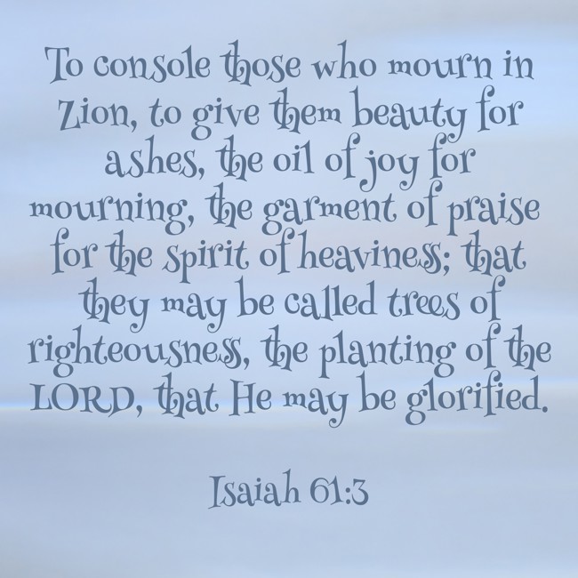 To console those who mourn in Zion, to give them beauty for ashes, the oil of joy for mourning, the garment of praise for the spirit of heaviness; that they may be called trees of righteousness, the planting of the LORD, that He may be glorified. - Isaiah 61:3