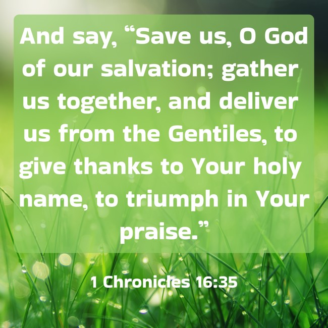 And say, “Save us, O God of our salvation; gather us together, and deliver us from the Gentiles, to give thanks to Your holy name, to triumph in Your praise.” - 1 Chronicles 16:35