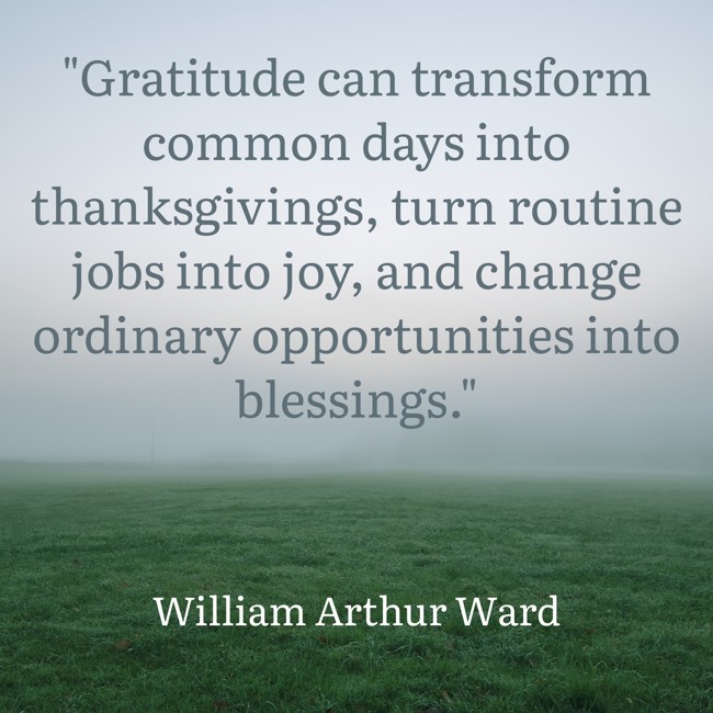 Gratitude can transform common days into thanksgivings, turn routine jobs into joy, and change ordinary opportunities into blessings. - William Arthur Ward