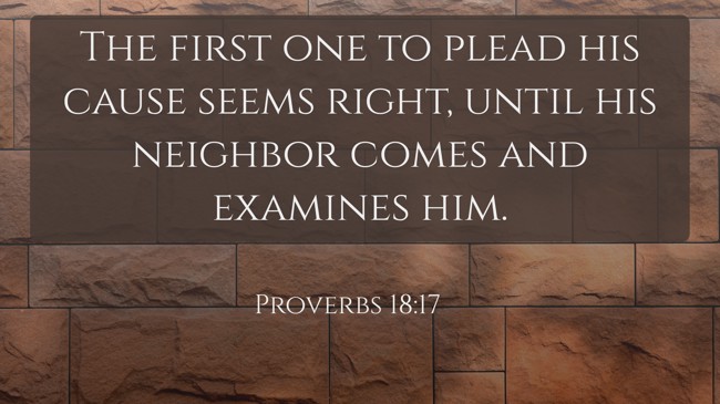 The first one to plead his cause seems right, until his neighbor comes and examines him. - Proverbs 18:17