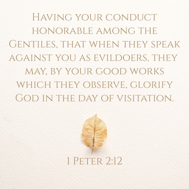 Having your conduct honorable among the Gentiles, that when they speak against you as evildoers, they may, by your good works which they observe, glorify God in the day of visitation. - 1 Peter 2:12