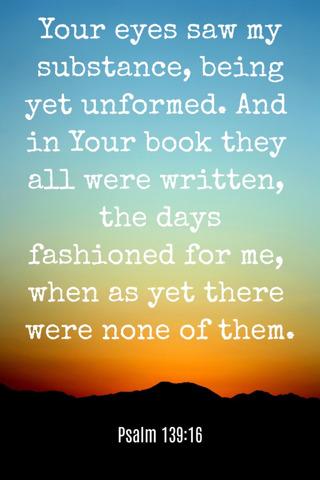 Your eyes saw my substance, being yet unformed. And in Your book they all were written, the days fashioned for me, when as yet there were none of them. - Psalm 139:16