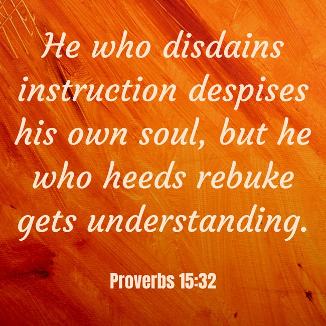 He who disdains instruction despises his own soul, but he who heeds rebuke gets understanding. - Proverbs 15:32