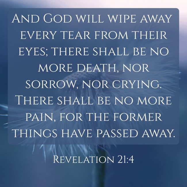 And God will wipe away every tear from their eyes; there shall be no more death, nor sorrow, nor crying. There shall be no more pain, for the former things have passed away. - Revelation 21:4