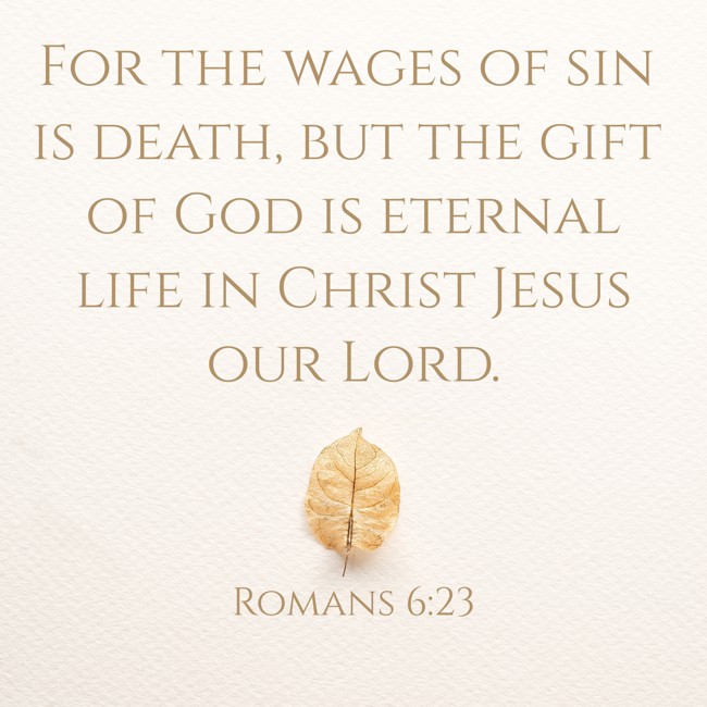 For the wages of sin is death, but the gift of God is eternal life in Christ Jesus our Lord. - Romans 6:23