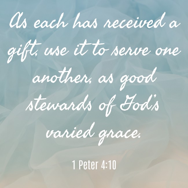 As each has received a gift, use it to serve one another, as good stewards of God’s varied grace. - 1 Peter 4:10