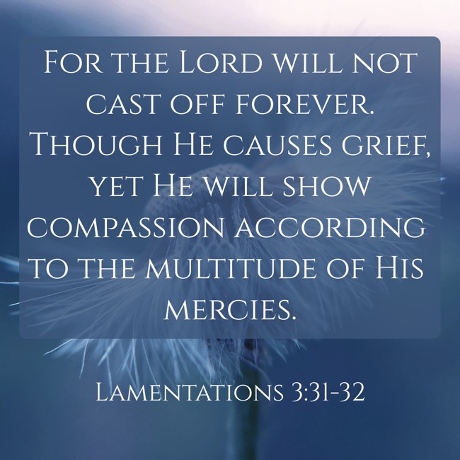 For the Lord will not cast off forever. Though He causes grief, yet He will show compassion according to the multitude of His mercies. - Lamentations 3:31-32