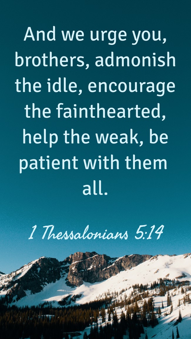 And we urge you, brothers, admonish the idle, encourage the fainthearted, help the weak, be patient with them all. - 1 Thessalonians 5:14
