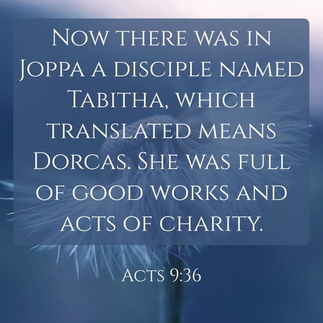 Now there was in Joppa a disciple named Tabitha, which translated means Dorcas. She was full of good works and acts of charity. - Acts 9:36