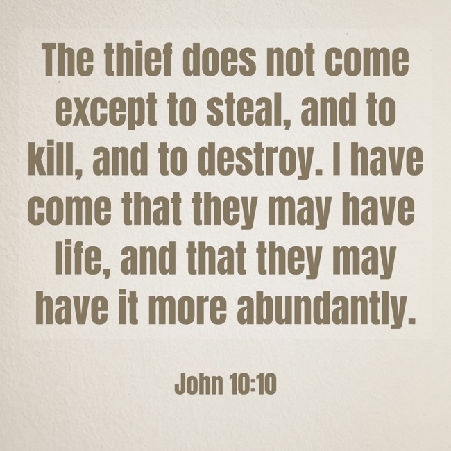 The thief does not come except to steal, and to kill, and to destroy. I have come that they may have life, and that they may have it more abundantly. - John 10:10