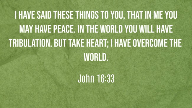 I have said these things to you, that in me you may have peace. In the world you will have tribulation. But take heart; I have overcome the world. - John 16:33