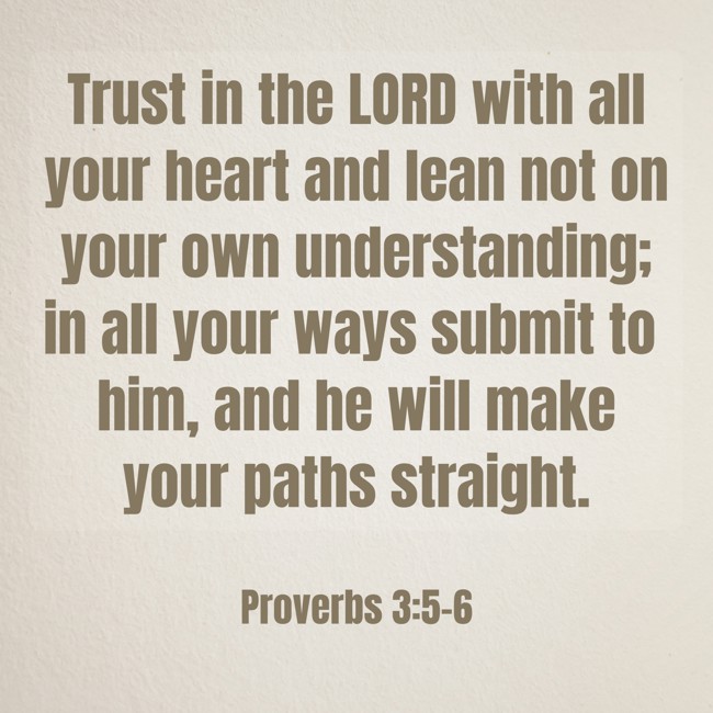 Trust in the LORD with all your heart and lean not on your own understanding; in all your ways submit to him, and he will make your paths straight. - Proverbs 3:5-6