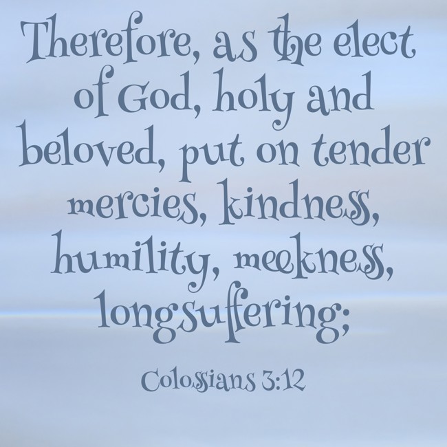 Therefore, as the elect of God, holy and beloved, put on tender mercies, kindness, humility, meekness, longsuffering; - Colossians 3:12