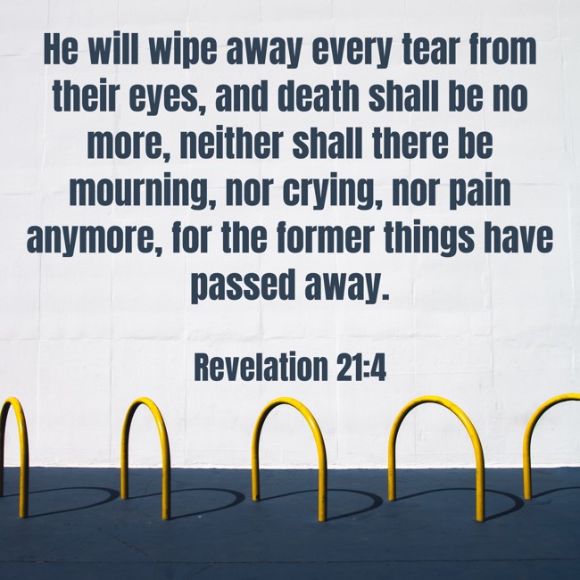 He will wipe away every tear from their eyes, and death shall be no more, neither shall there be mourning, nor crying, nor pain anymore, for the former things have passed away. - Revelation 21:4