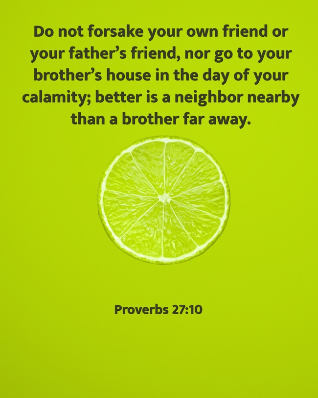 Do not forsake your own friend or your father’s friend, nor go to your brother’s house in the day of your calamity; better is a neighbor nearby than a brother far away. - Proverbs 27:10