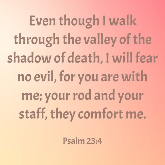 Even though I walk through the valley of the shadow of death, I will fear no evil, for you are with me; your rod and your staff, they comfort me. - Psalm 23:4