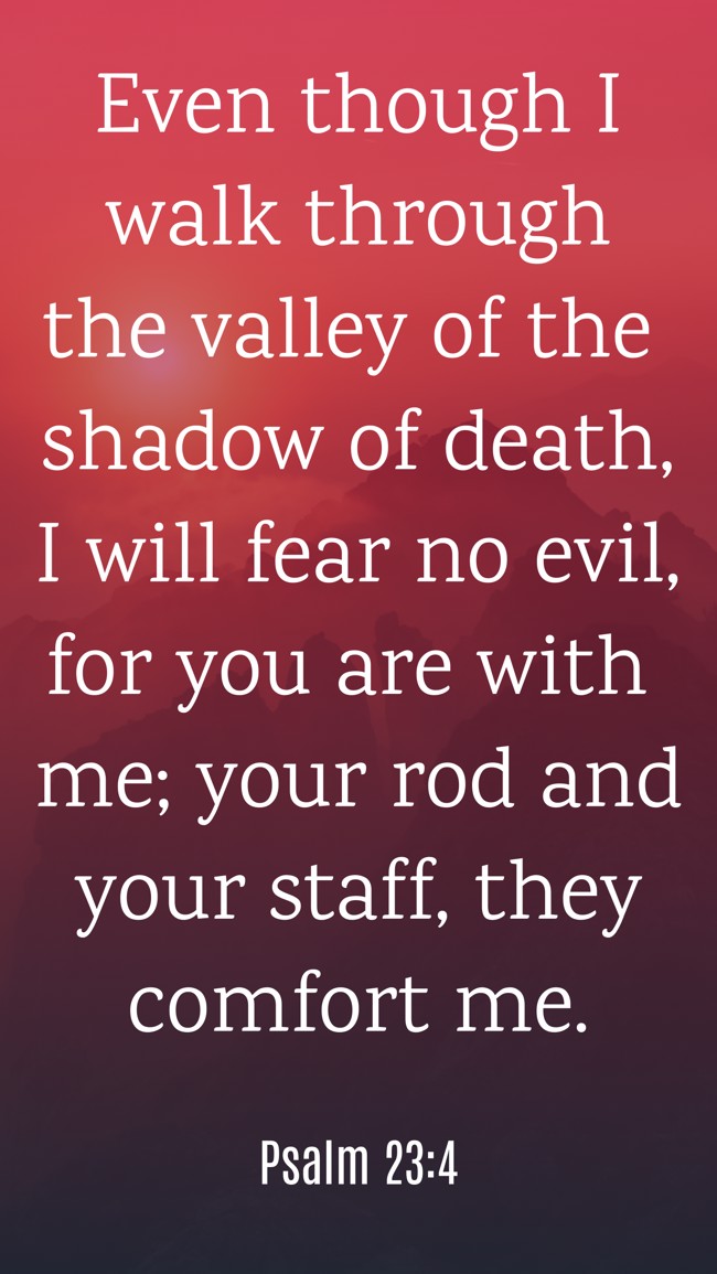 Even though I walk through the valley of the shadow of death, I will fear no evil, for you are with me; your rod and your staff, they comfort me. - Psalm 23:4