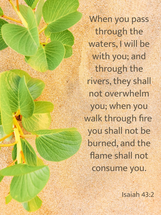 When you pass through the waters, I will be with you; and through the rivers, they shall not overwhelm you; when you walk through fire you shall not be burned, and the flame shall not consume you. - Isaiah 43:2