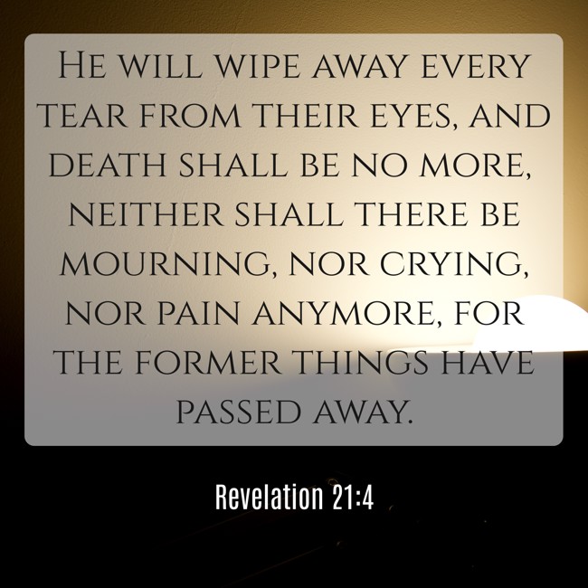 He will wipe away every tear from their eyes, and death shall be no more, neither shall there be mourning, nor crying, nor pain anymore, for the former things have passed away. - Revelation 21:4