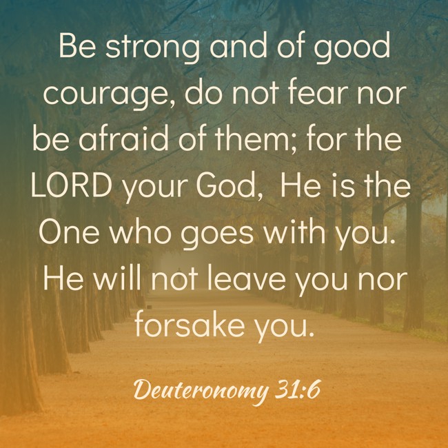 Be strong and of good courage, do not fear nor be afraid of them; for the LORD your God, He is the One who goes with you. He will not leave you nor forsake you. - Deuteronomy 31:6