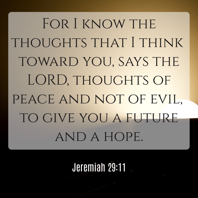 For I know the thoughts that I think toward you, says the LORD, thoughts of peace and not of evil, to give you a future and a hope. - Jeremiah 29:11