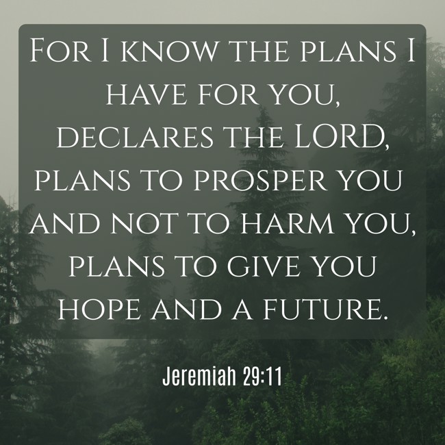 For I know the plans I have for you, declares the LORD, plans to prosper you and not to harm you, plans to give you hope and a future. - Jeremiah 29:11