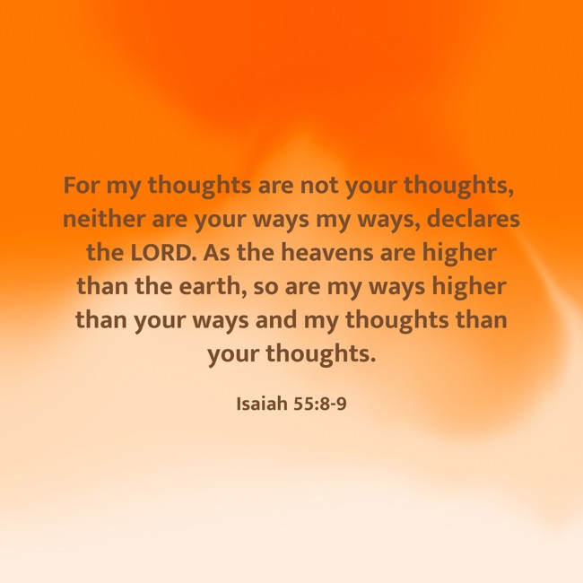 For my thoughts are not your thoughts, neither are your ways my ways, declares the LORD. As the heavens are higher than the earth, so are my ways higher than your ways and my thoughts than your thoughts. - Isaiah 55:8-9