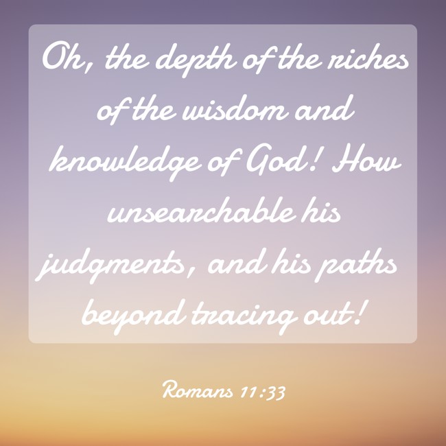 Oh, the depth of the riches of the wisdom and knowledge of God! How unsearchable his judgments, and his paths beyond tracing out! - Romans 11:33