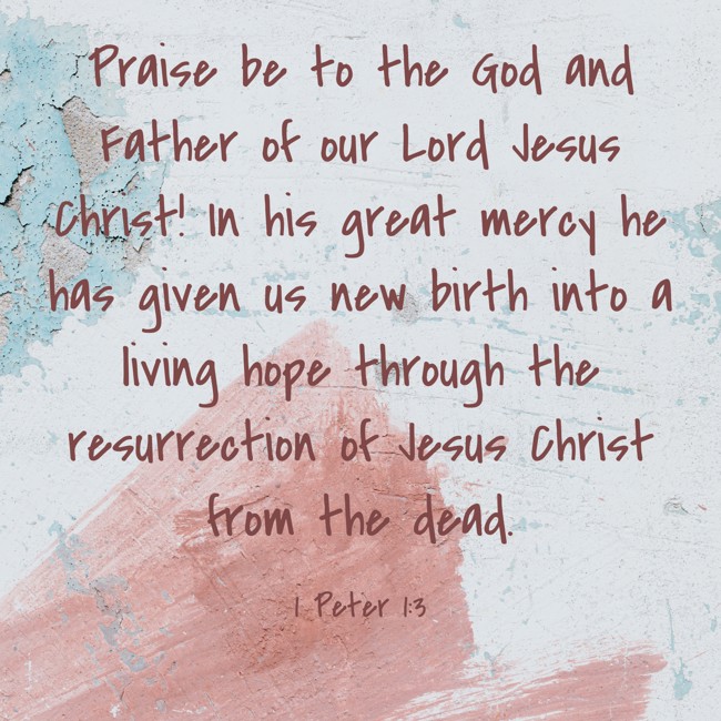 Praise be to the God and Father of our Lord Jesus Christ! In his great mercy he has given us new birth into a living hope through the resurrection of Jesus Christ from the dead. - 1 Peter 1:3