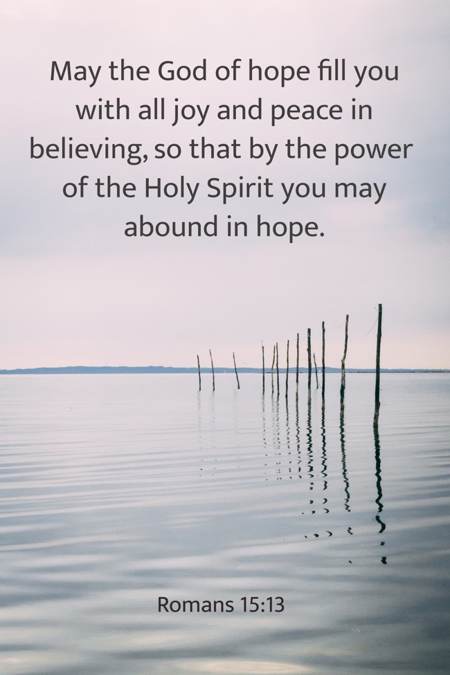 May the God of hope fill you with all joy and peace in believing, so that by the power of the Holy Spirit you may abound in hope. - Romans 15:13